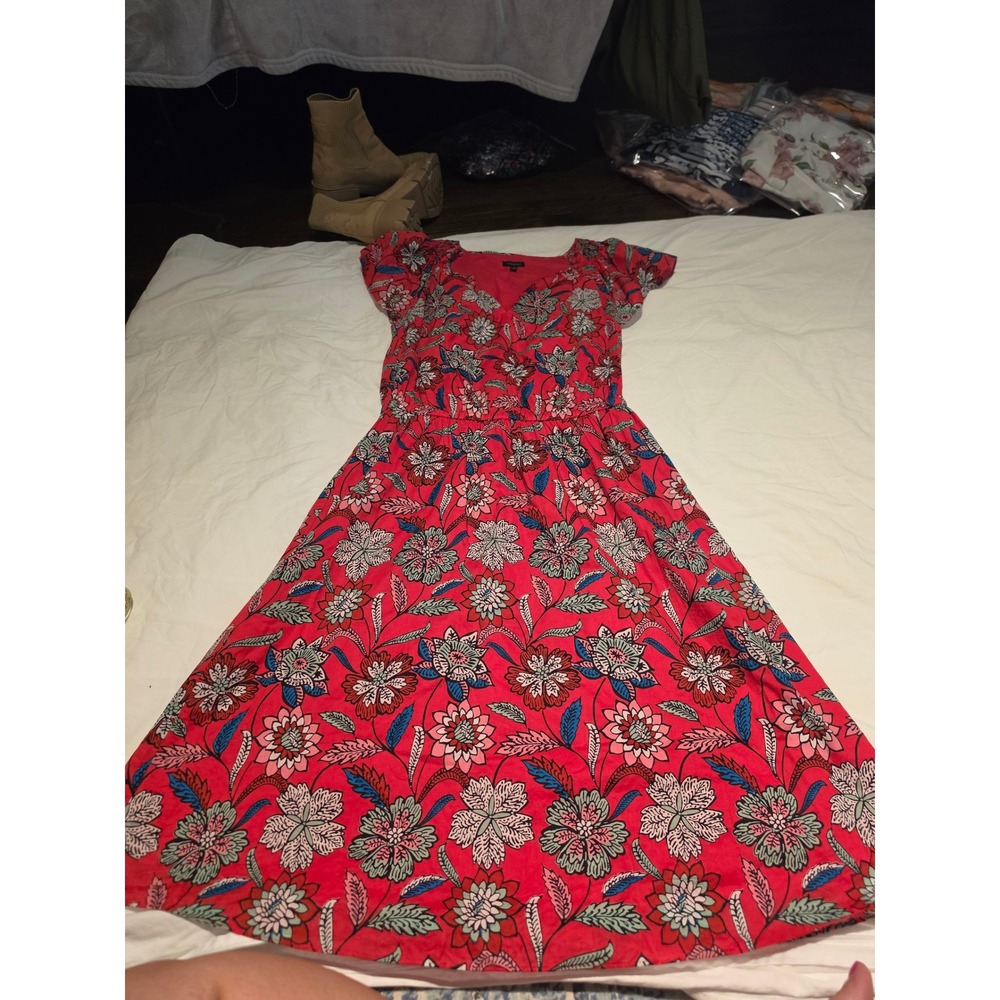 Talbots Red Floral V-Neck Flutter Sleeve Elastic Waist Midi Dress Womens 6